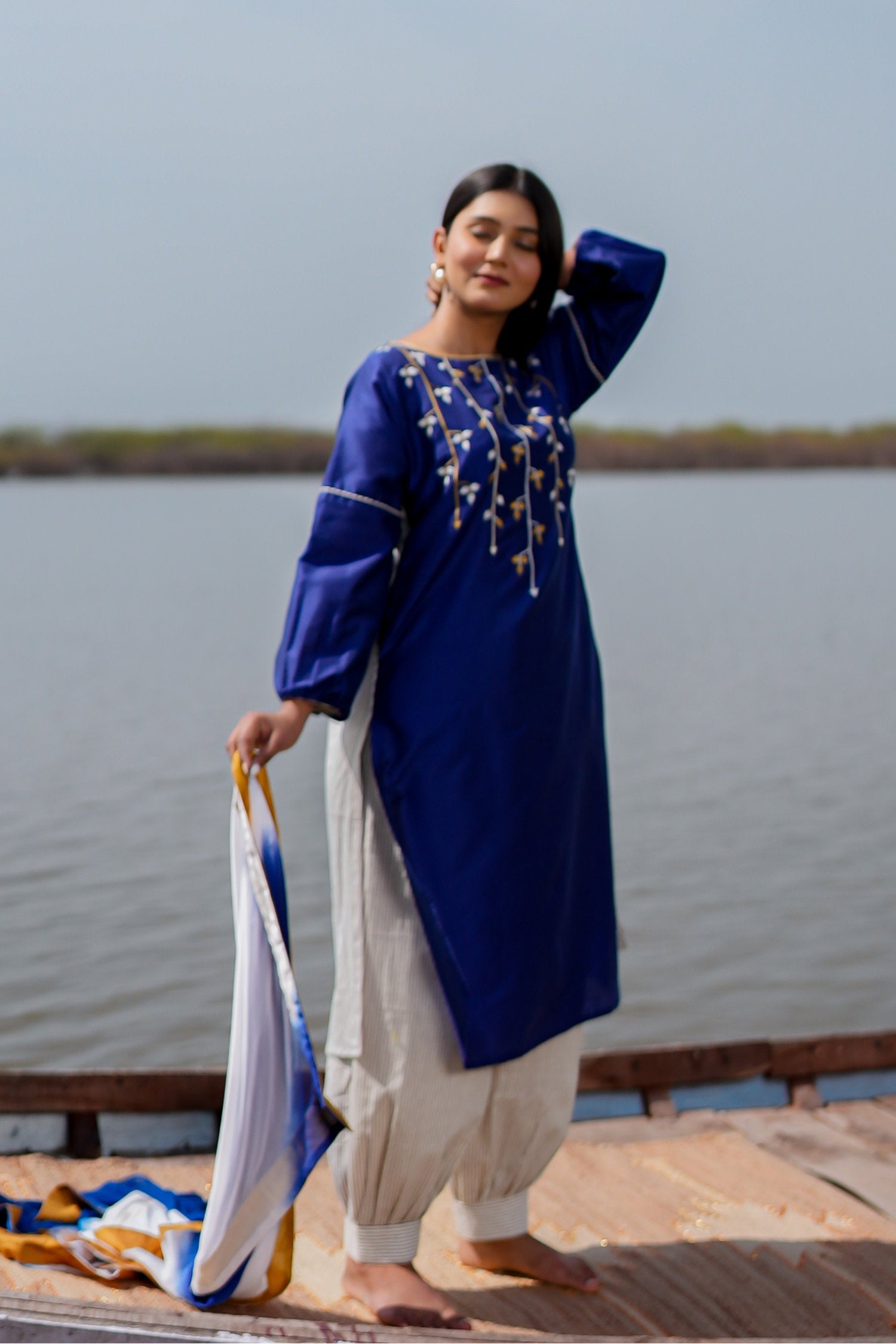 Blue Cotton Kurta Set With Hand Embroidery And Leheriya Dupatta