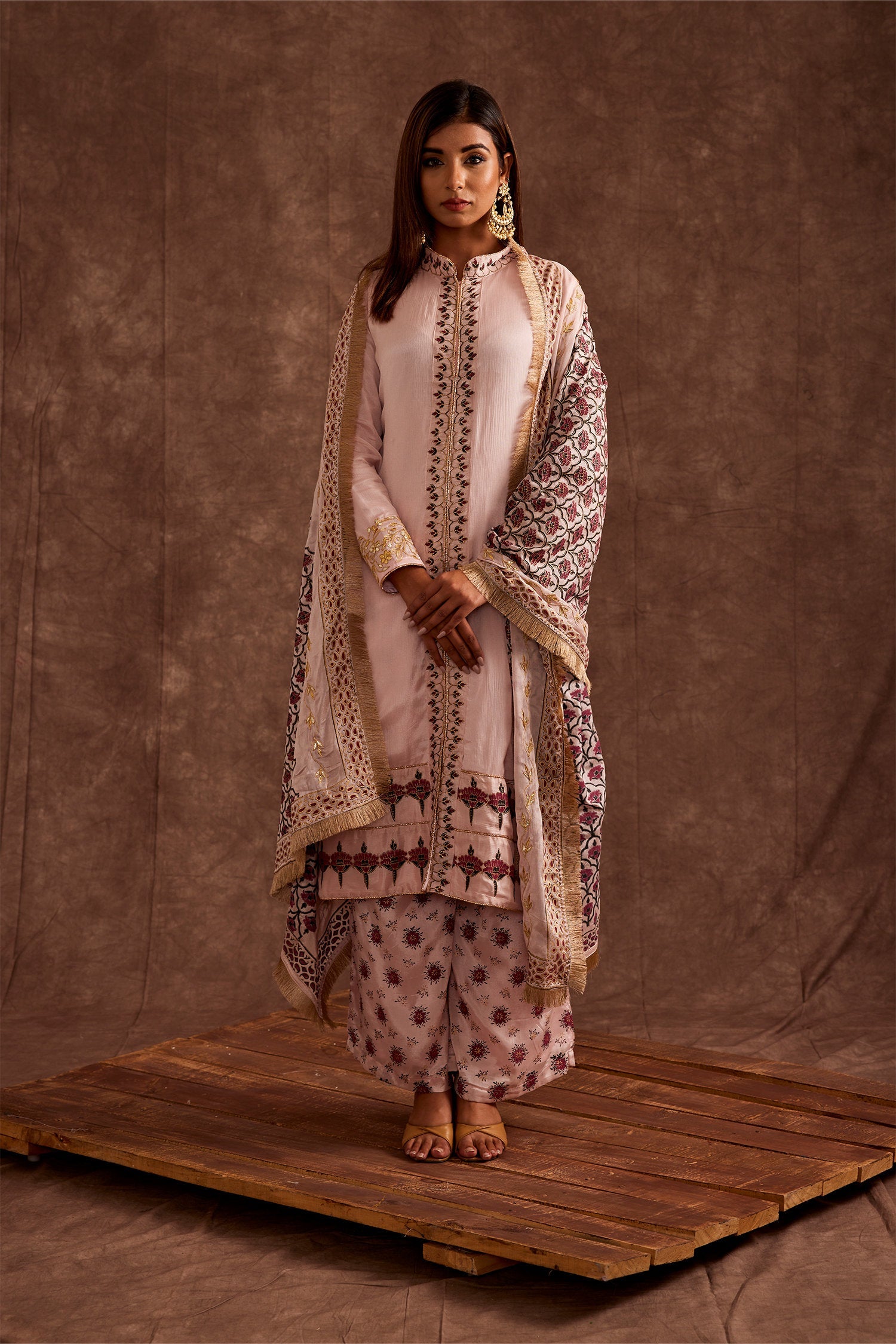 Blush Pink Pure Chinon Peshwari Suit Set