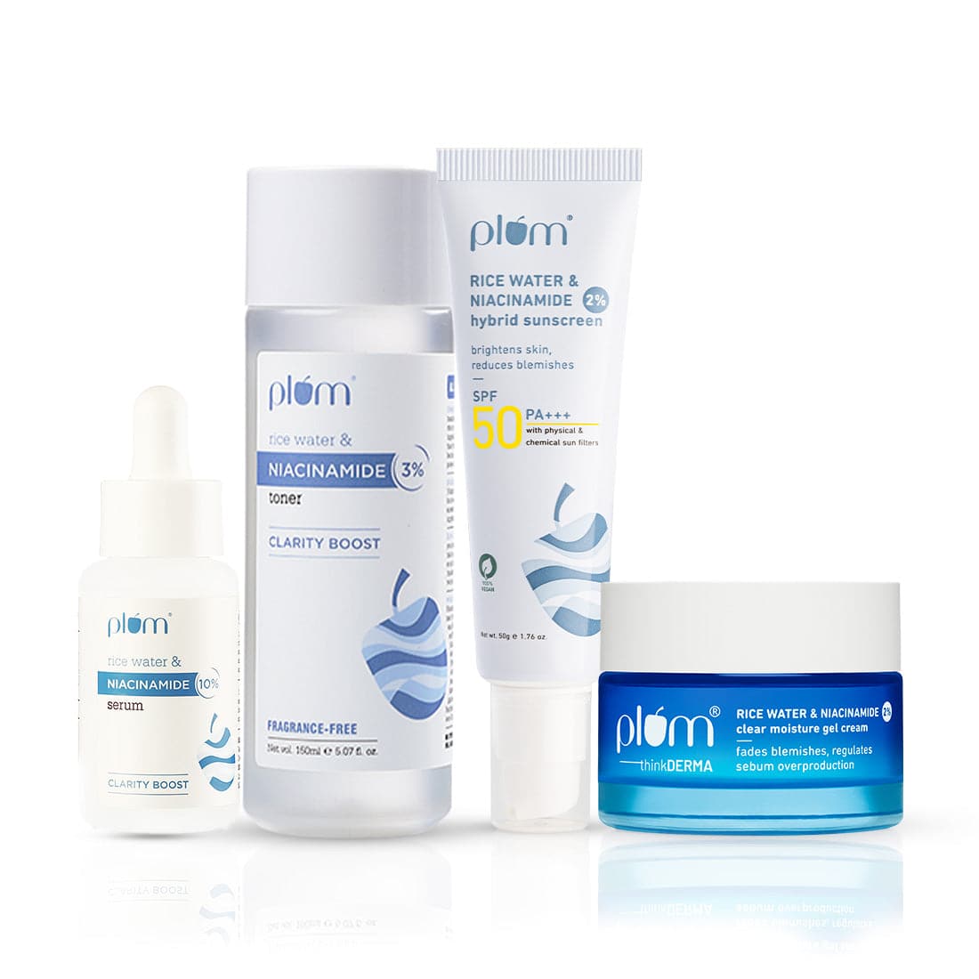 Niacinamide Clear & Bright Skin Combo | With Niacinamide & Rice Water | Toner, Serum, Gel Moisturizer & SPF 50 PA+++ Sunscreen