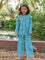 Turquoise Stripes Block Printed Cotton Top & Pyjama Set
