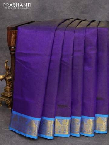 10 yards silk cotton saree blue and cs blue with allover vairosi pattern and annam & temple zari woven border without blouse