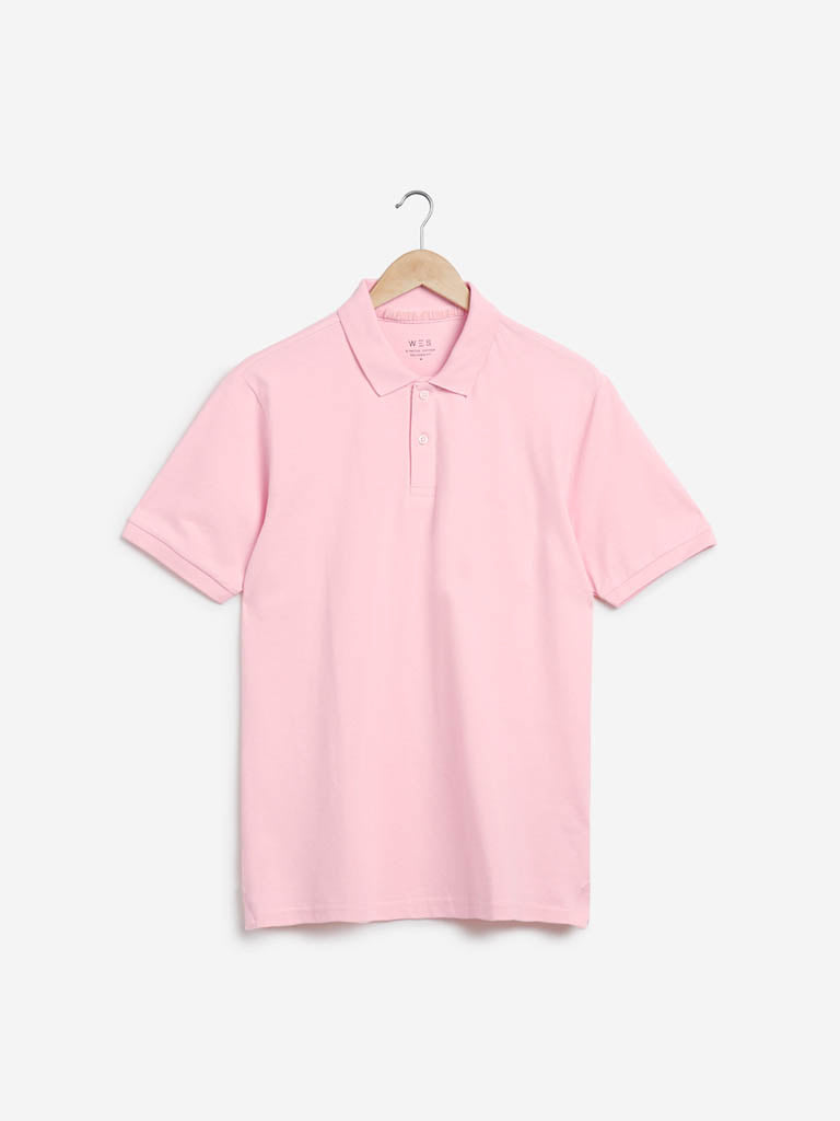 WES Casuals Light Pink Cotton Blend Relaxed-Fit Polo T-Shirt