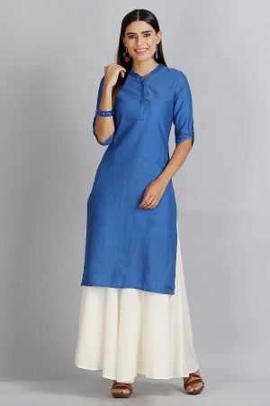 Blue Solid Mandarin Neck kurta