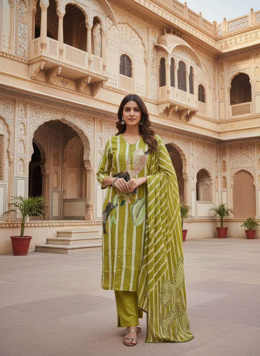 Lime Green Linen Digital Print Three Piece Set