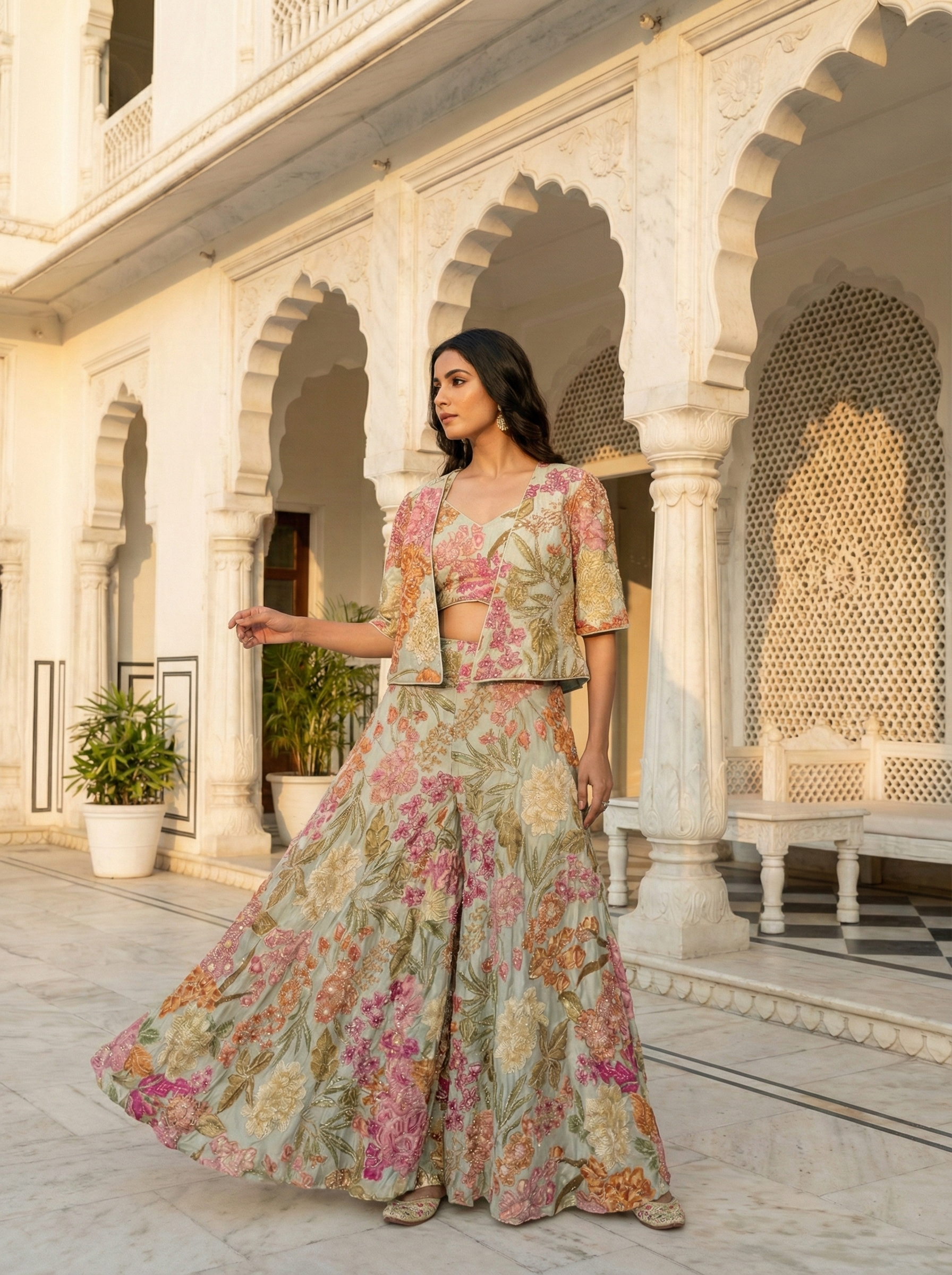 Cream Banarasi Heavy Stone Work Three Piece Set