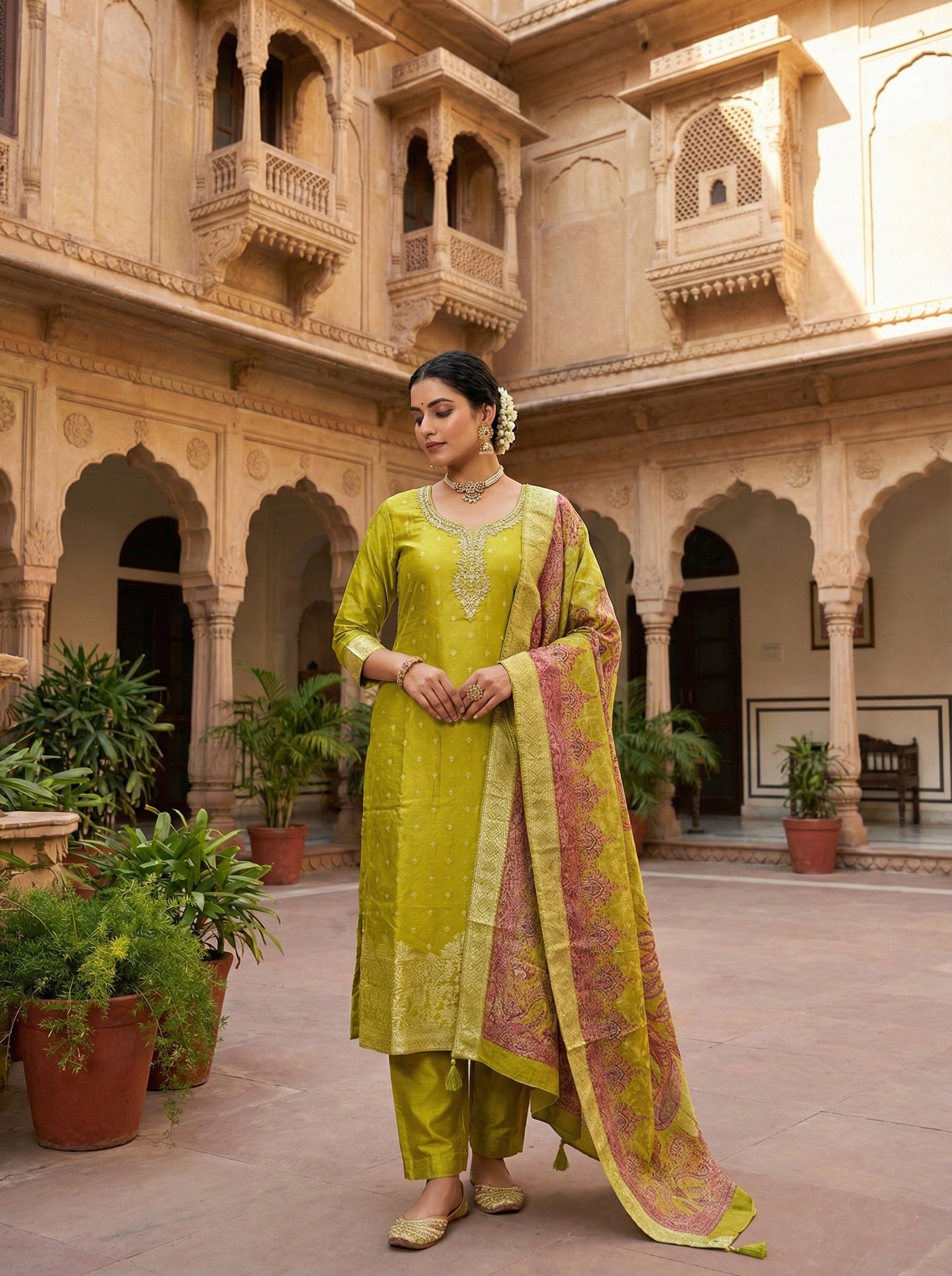 Mehadi Green Silk Zari Floral Embroidered Three Piece Set