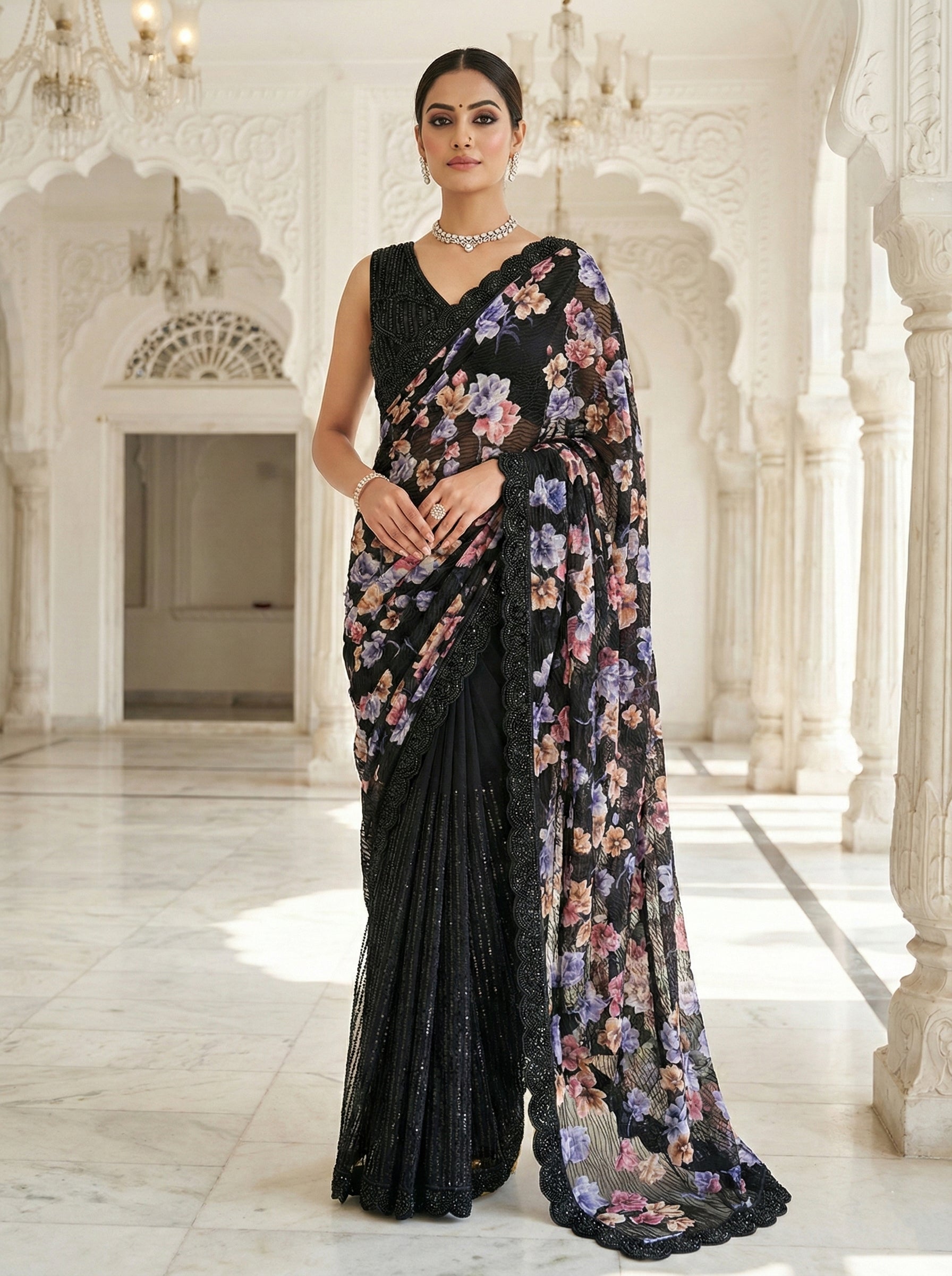Black Net Floral Stone Work Saree With Readymade Blouse