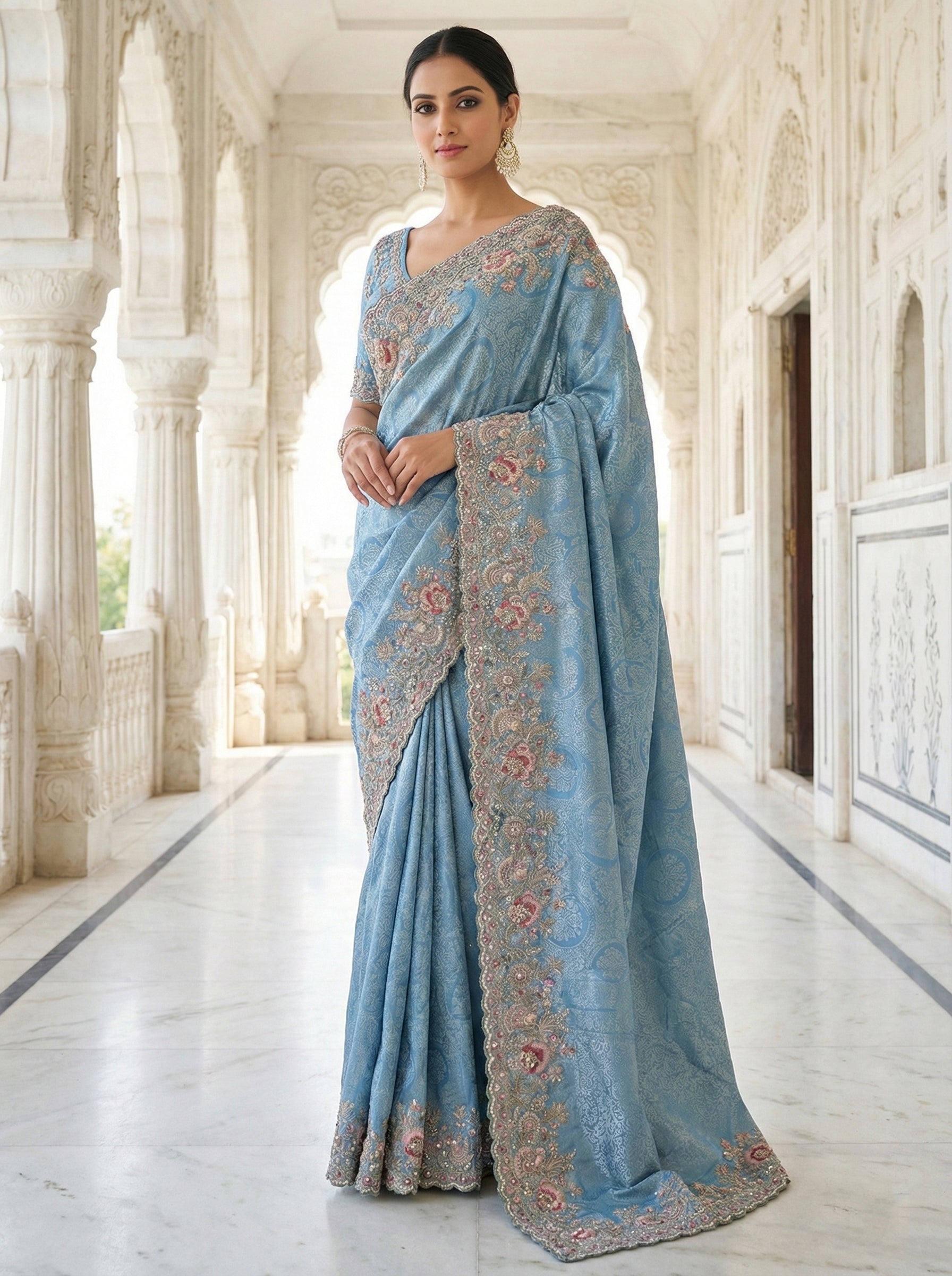 Blue Tissue Sequins And Hand Embroidered Saree