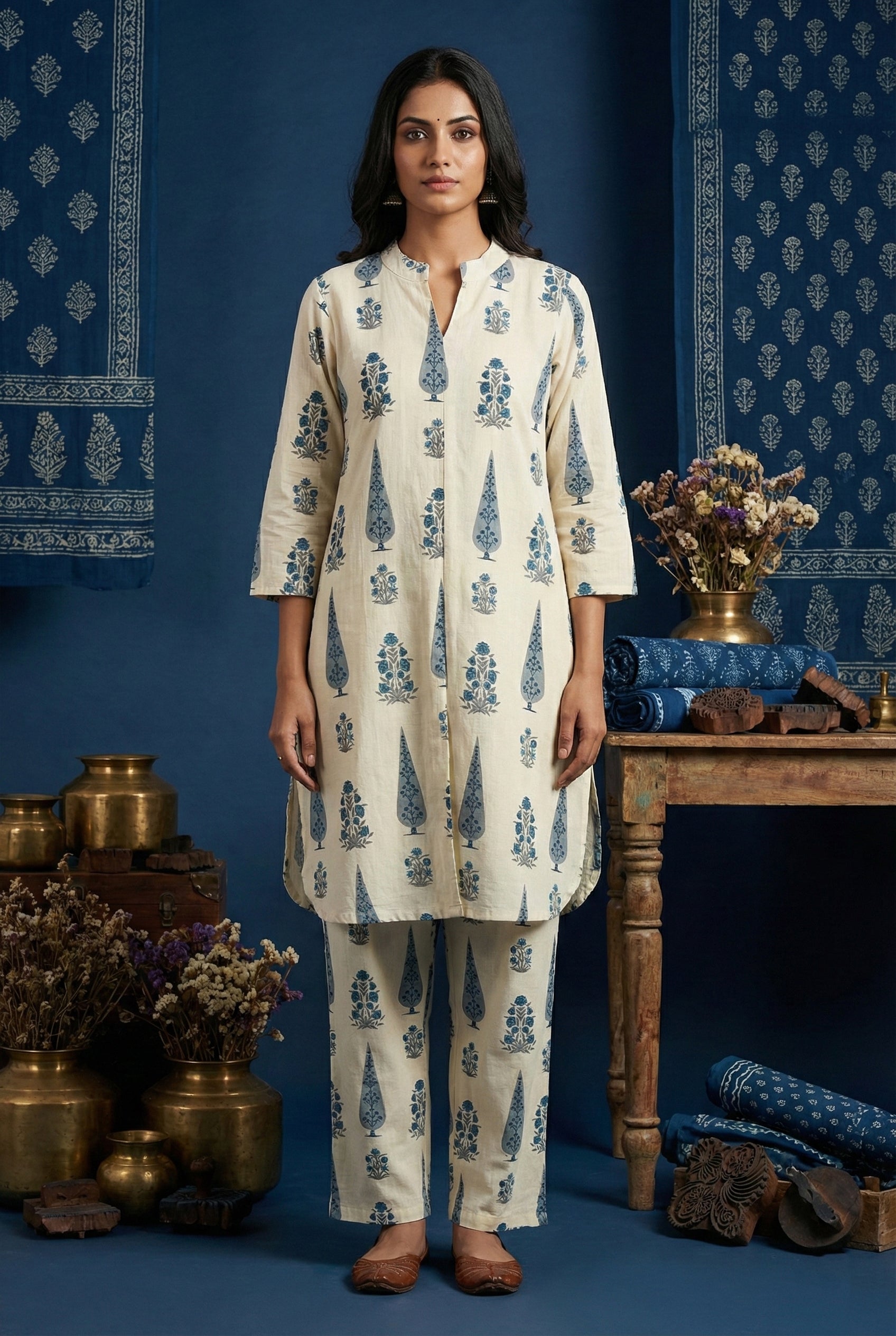 Blue Cotton Floral Digital Print Two Piece Set
