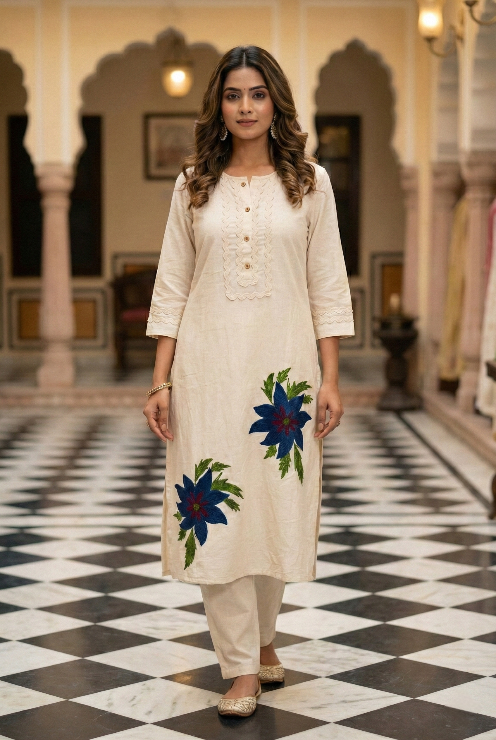 Ivory Blue Cotton Two Piece Set