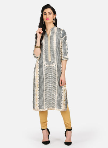 Grey Printed Mandarin Neck kurta