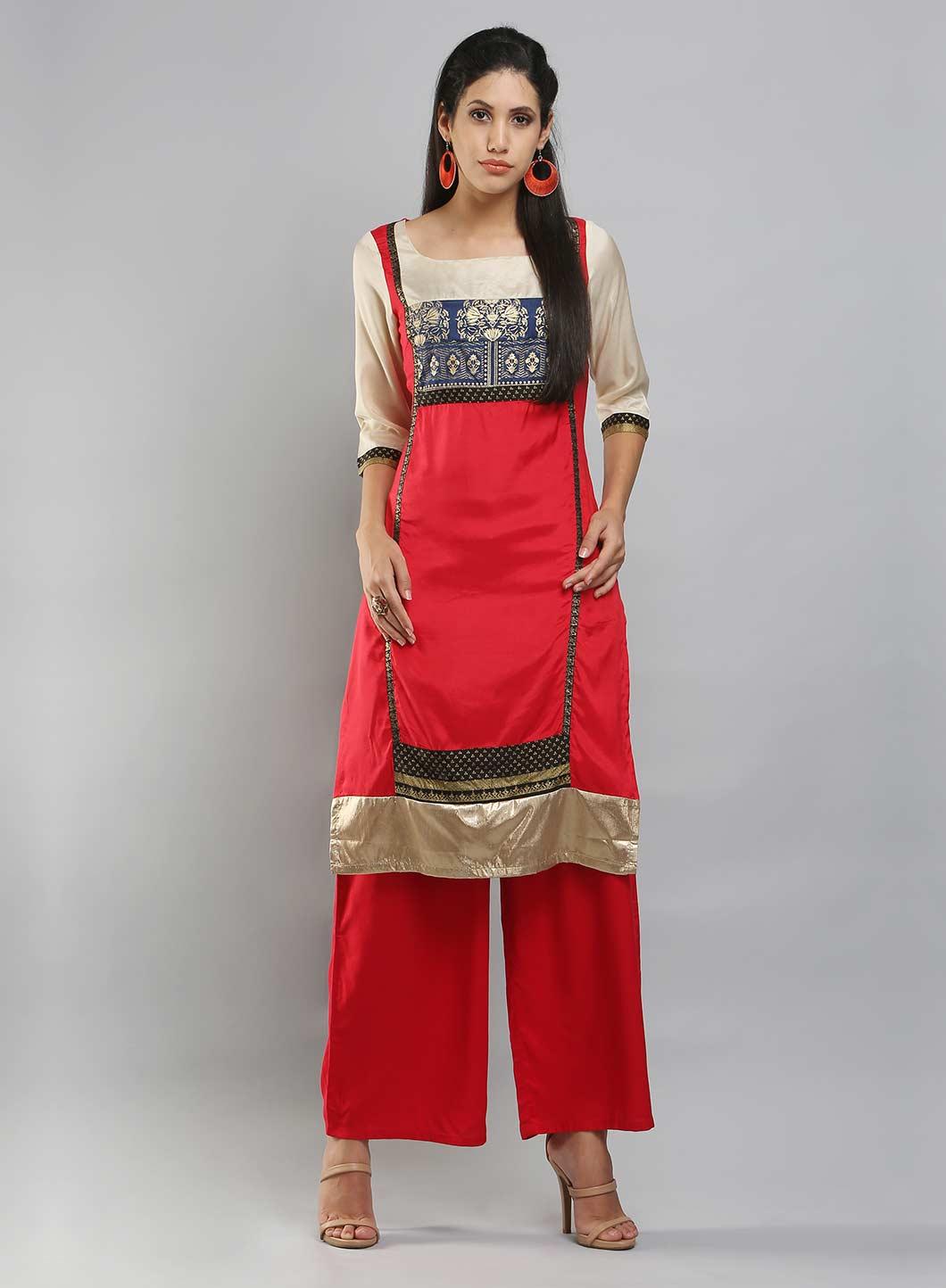 Red & Cream-coloured Square Neck Printed kurta