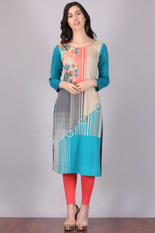 Blue Printed Round Neck Winter kurta