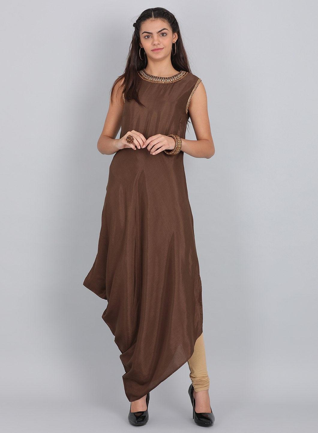 Brown Embellished Round Neck kurta