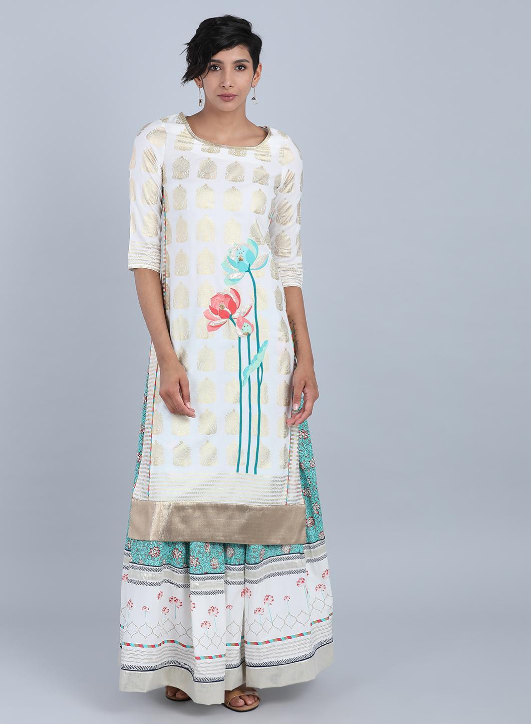 White Round Neck Floral Print kurta