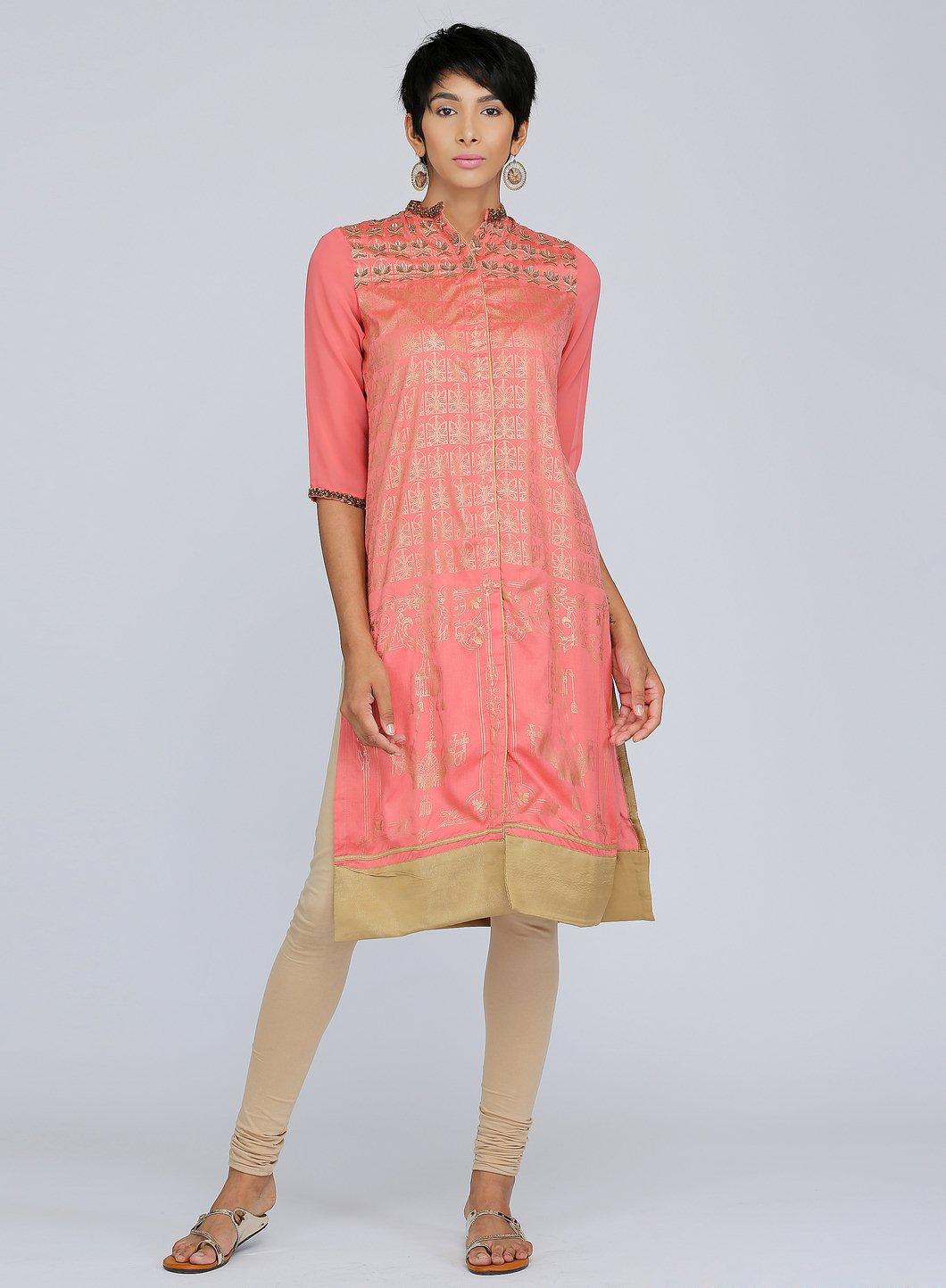 Coral Mandarin Neck Embellished kurta