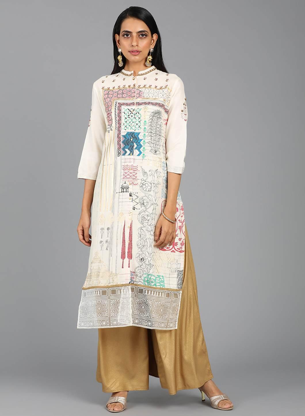 Ecru Mandarin Neck Printed kurta