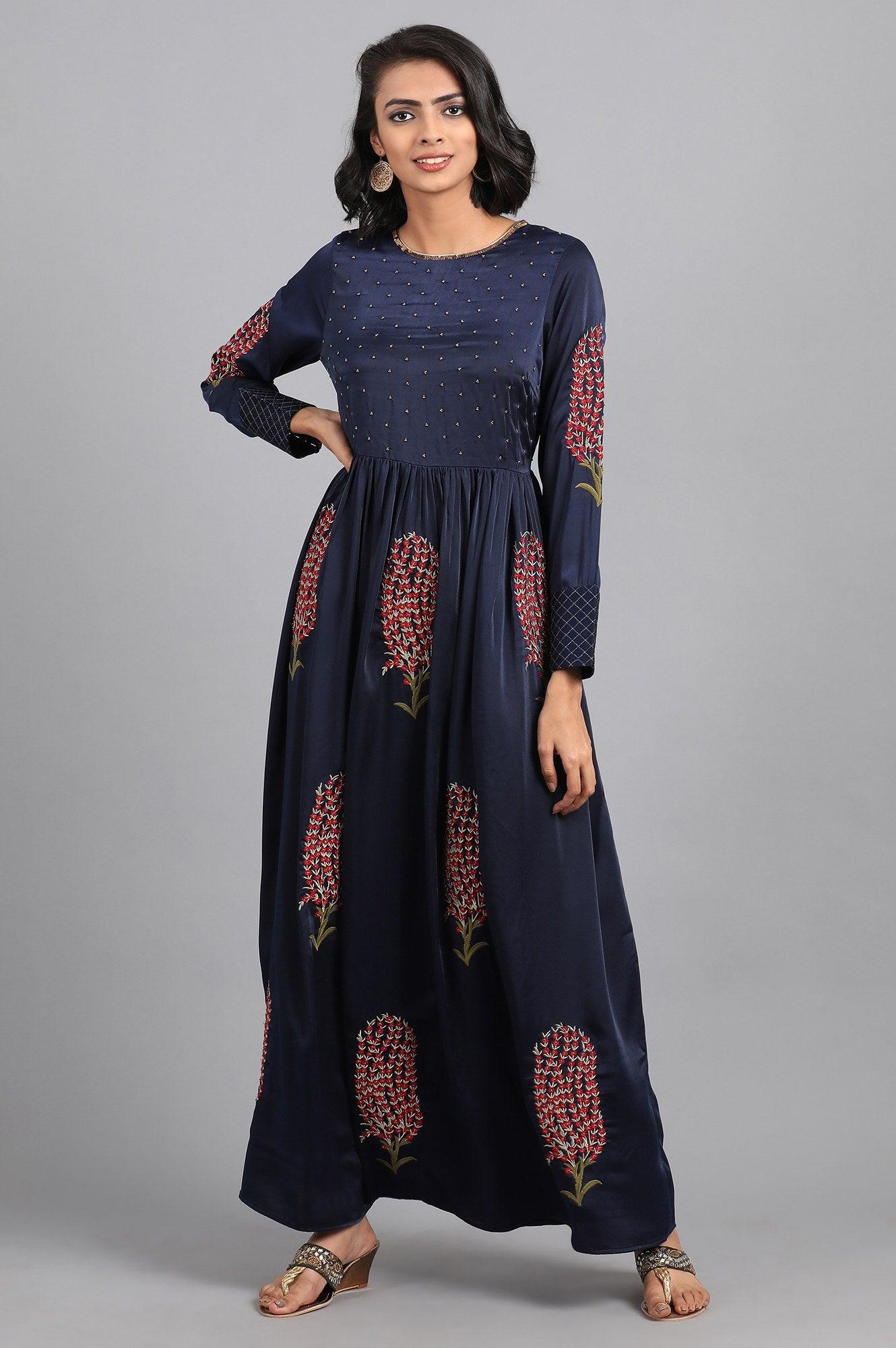 Blue Round Neck Embellished Winter kurta