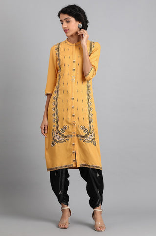 Yellow Mandarin Neck Printed kurta