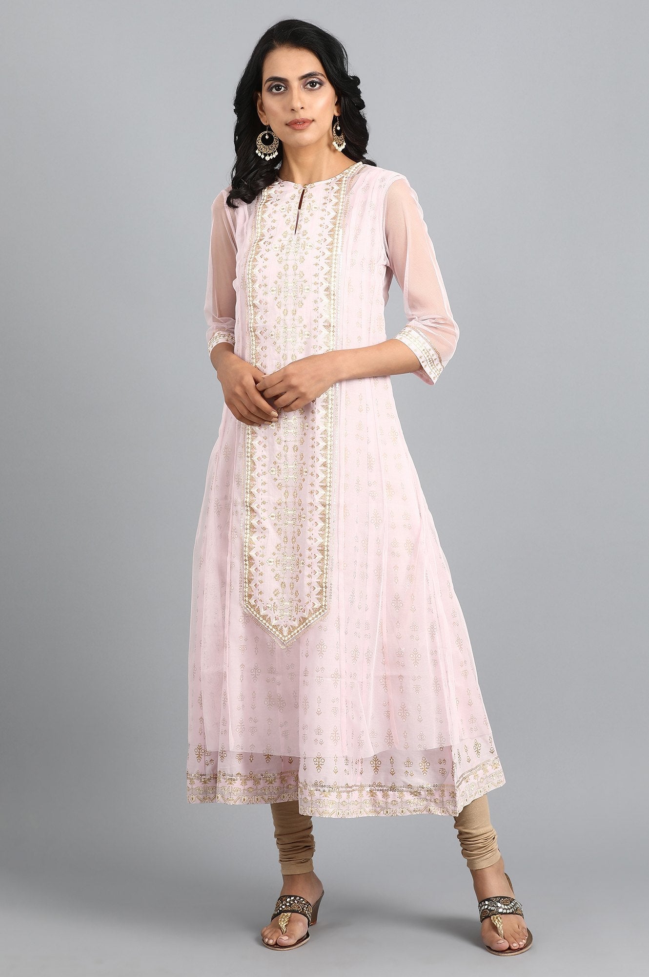 Pink Round Neck Printed kurta