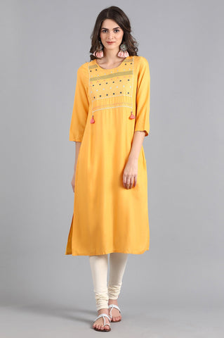 Yellow Round Neck Embroidered kurta