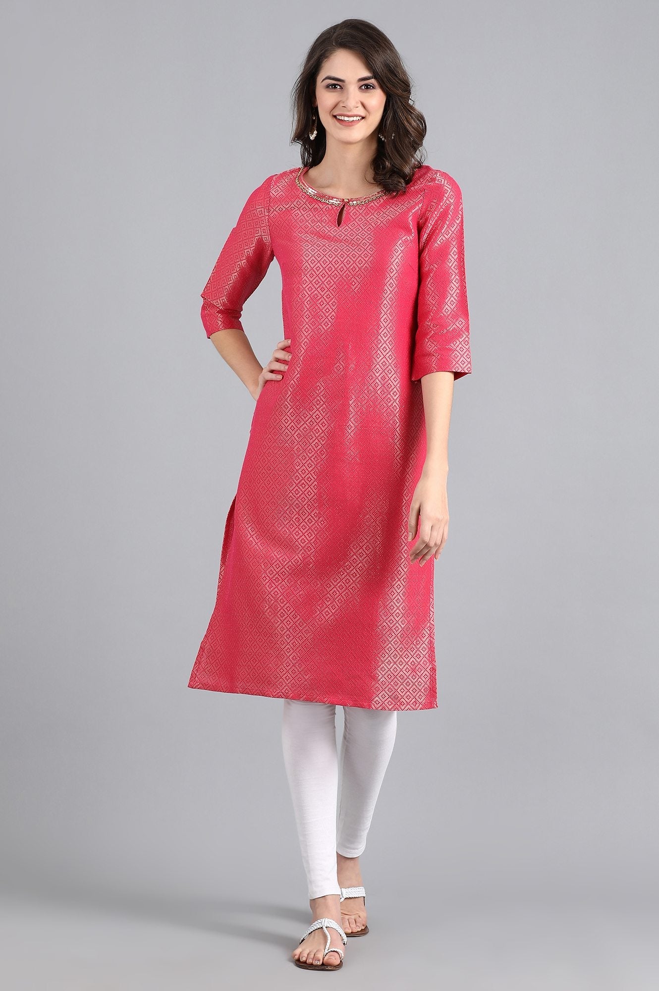 Pink Round Neck Jacquard kurta