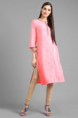 Pink Round Neck Solid kurta