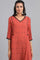 Deep Orange V-Neck Printed kurta