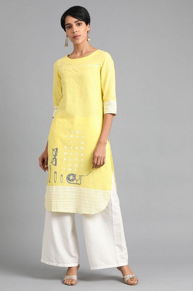 Lemon Green Round Neck Printed kurta