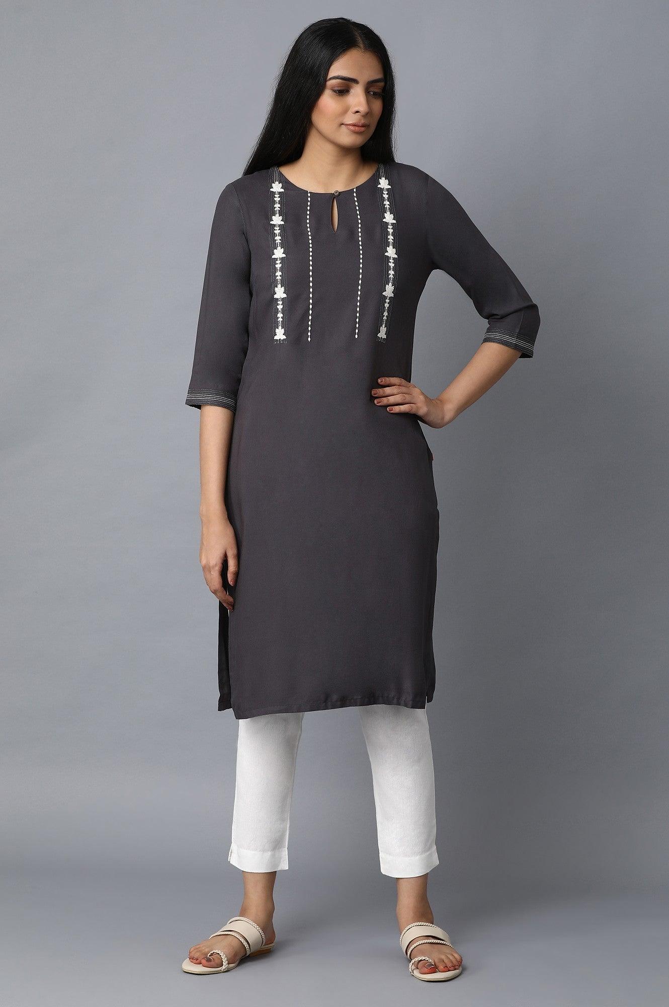 Dark Grey Solid kurta with Floral Embroidery