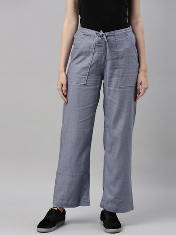 Women Solid Jean Blue Linen Cargo Pant