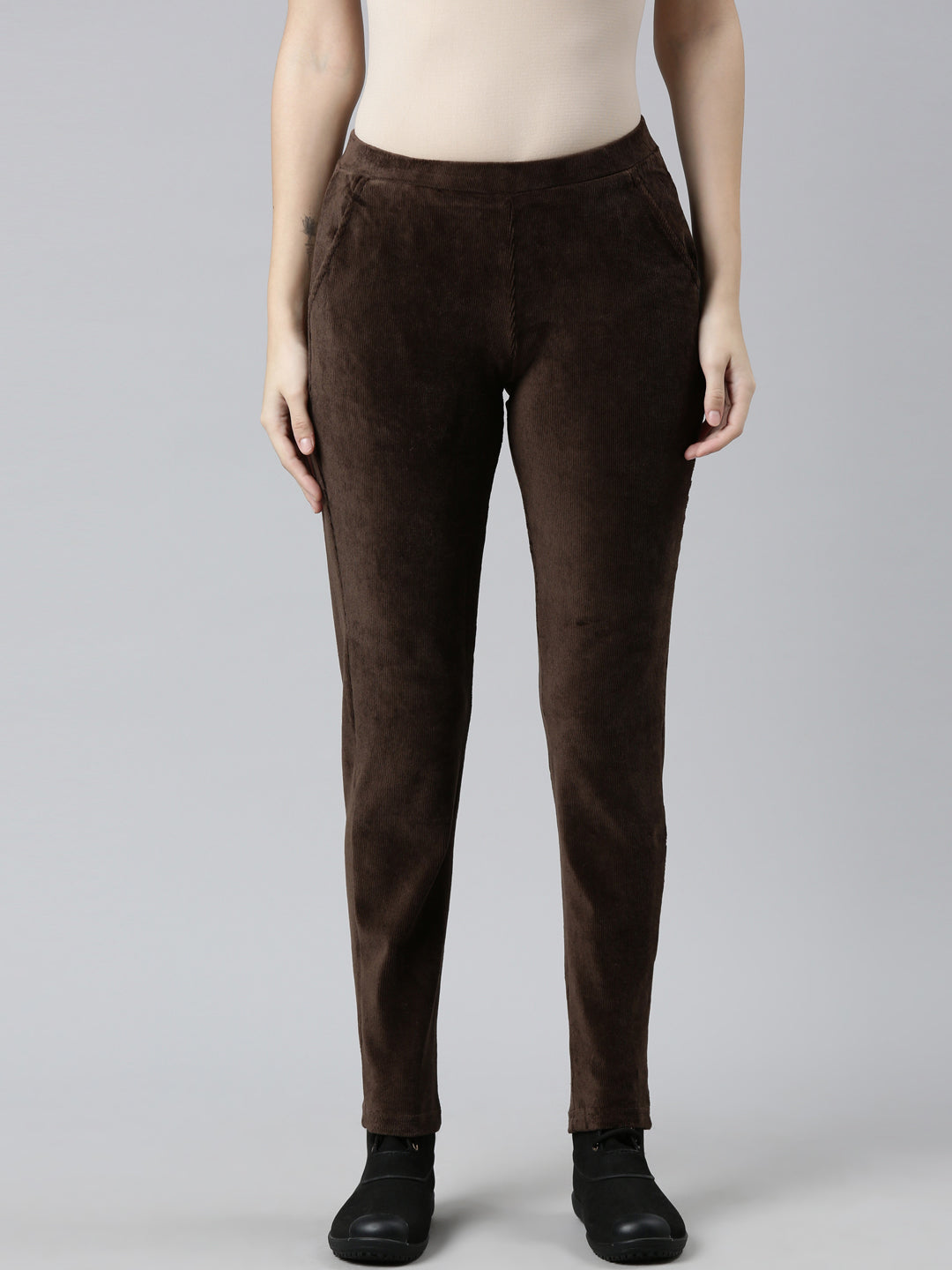 Dark Brown Cotton Polyester Corduroy Jeggings