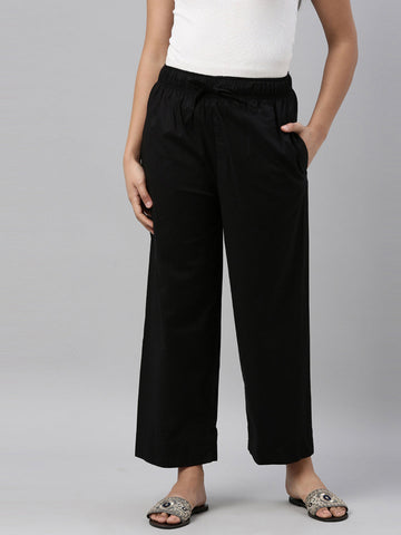 Women Solid Black Cotton Wide Leg Pants