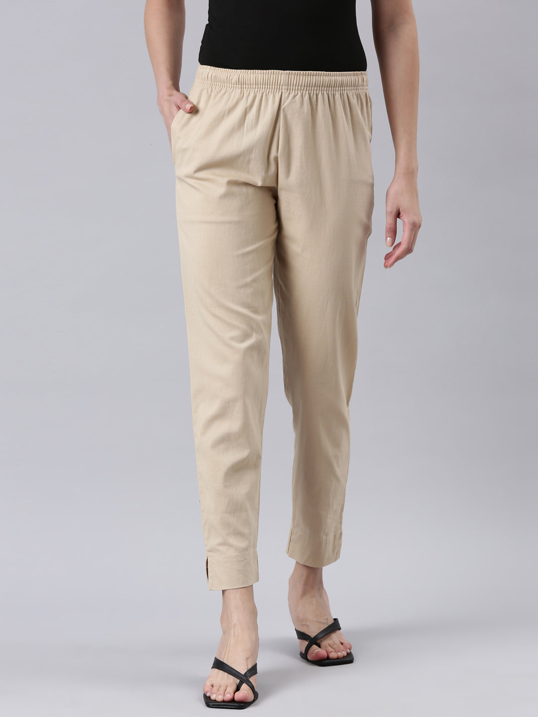 Women Solid Light Beige Cotton Pencil Pant