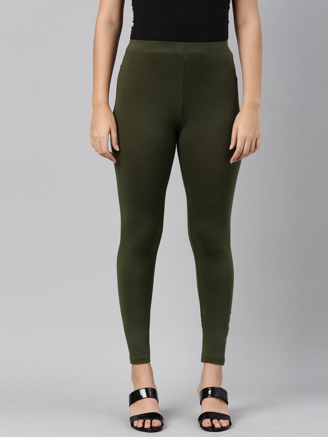 Dark Olive Cotton Stretch Ankle Length Leggings