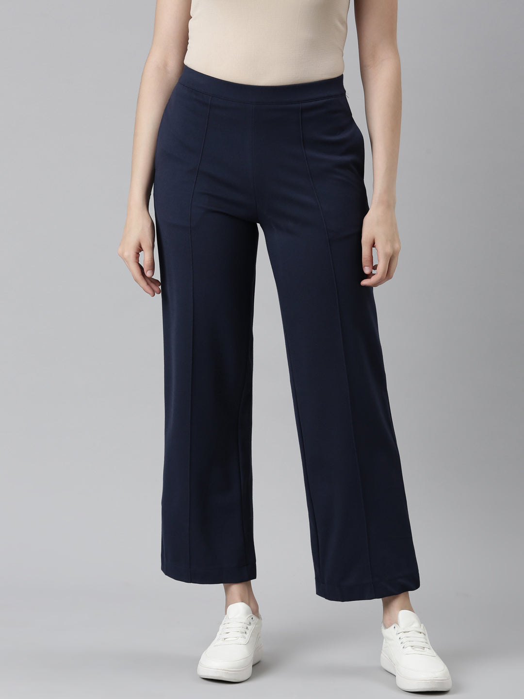 Women Solid Navy Ponte Wide Leg Pants