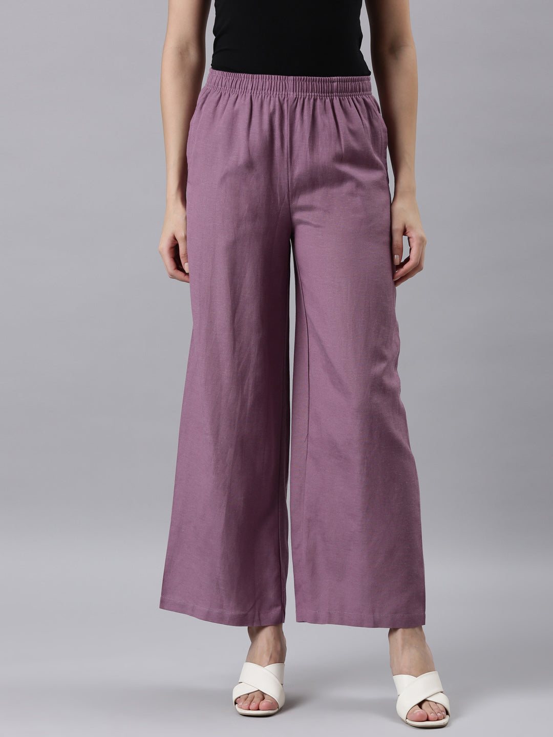 Women Lila Solid Linen Palazzos