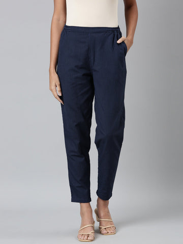 Women Navy Stripe Linen Pencil Pants