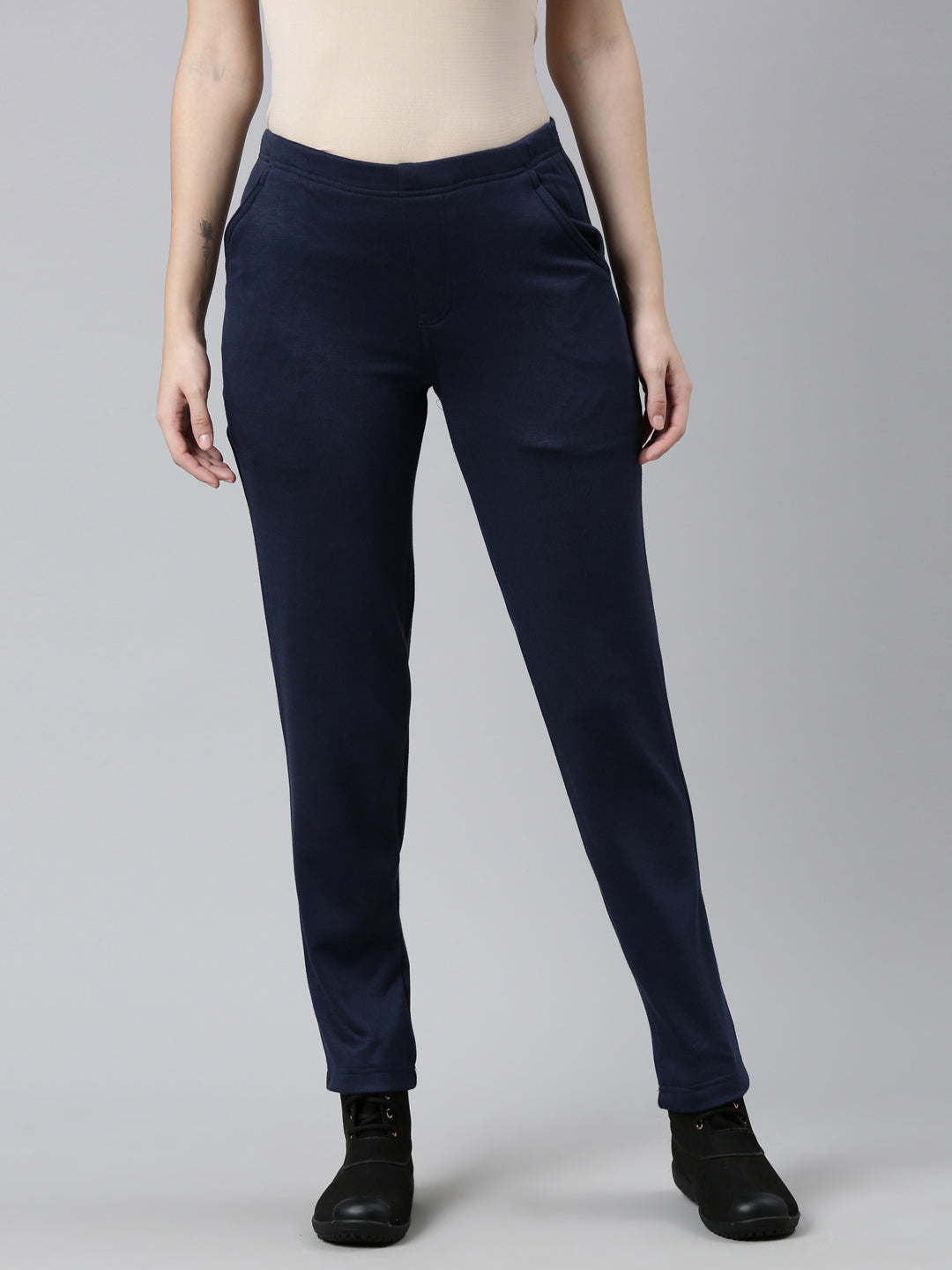 Women Solid Navy Mid Rise Ultra Warm Treggings