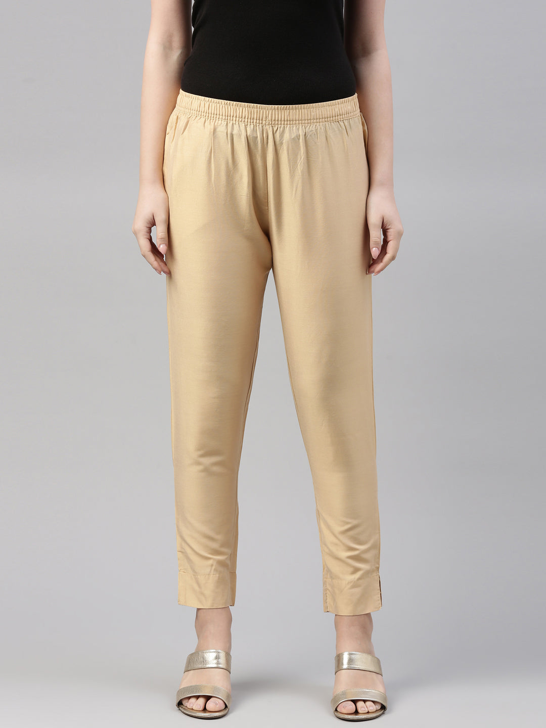 Women Light Gold Solid Mid Rise Metallic Pants