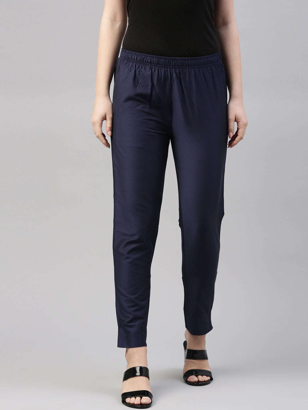 Women Navy Solid Mid Rise Metallic Pants