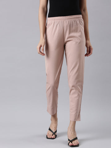 Women Solid Baby Pink Cotton Pencil Pant