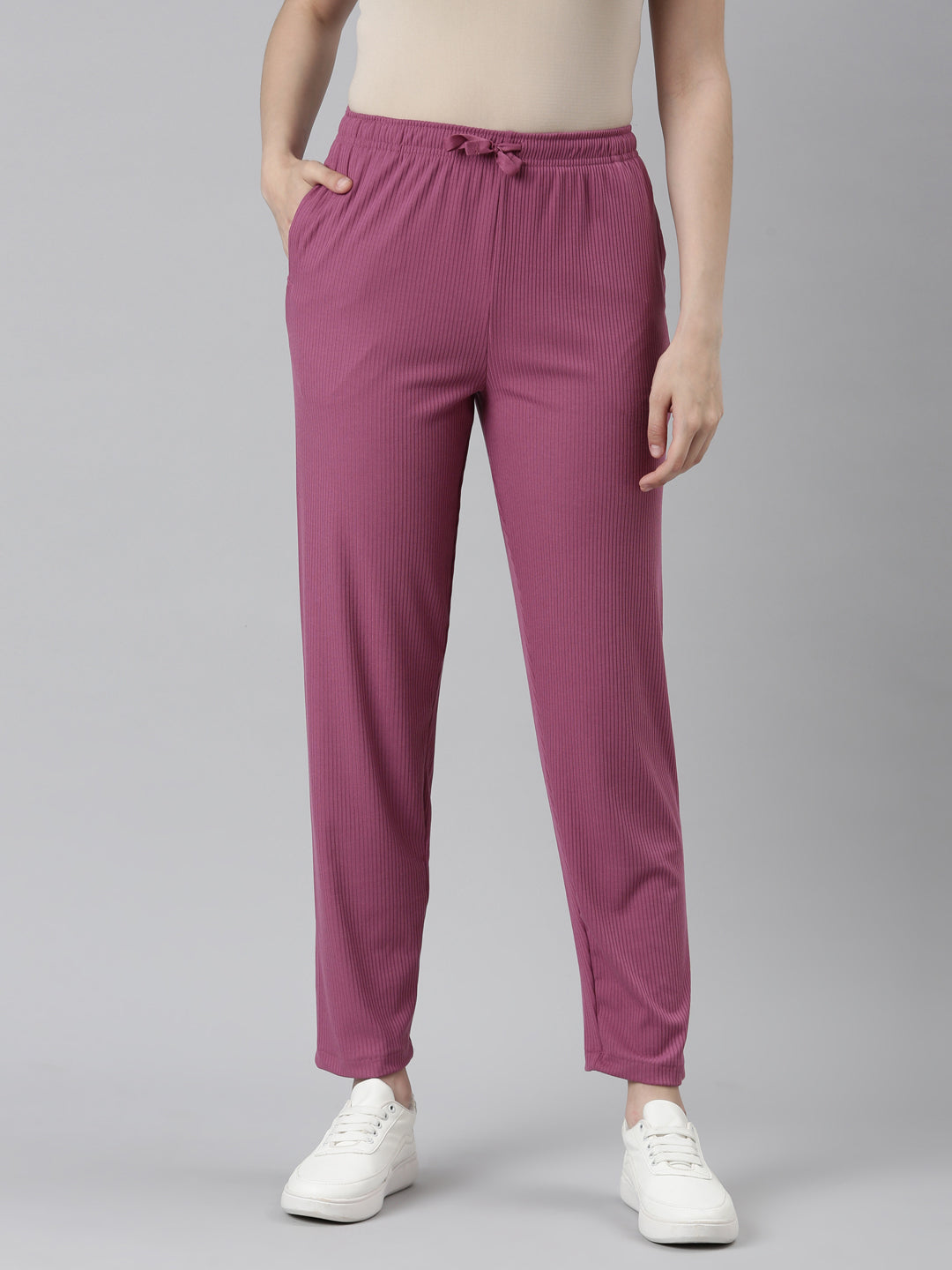 Women Solid Dark Pink Mid Rise Casual Rib Pants