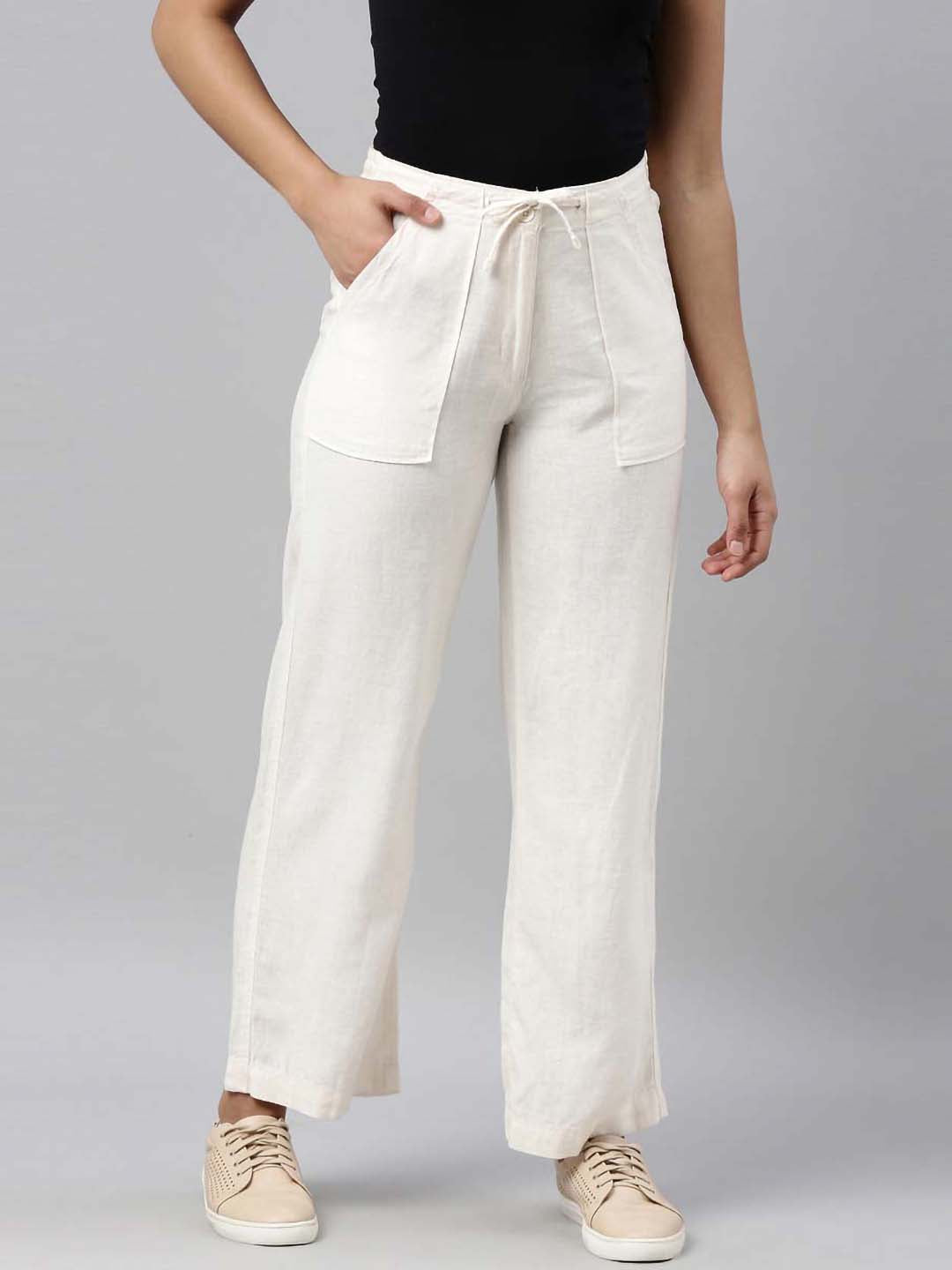 Women Solid Cream Linen Cargo Pant