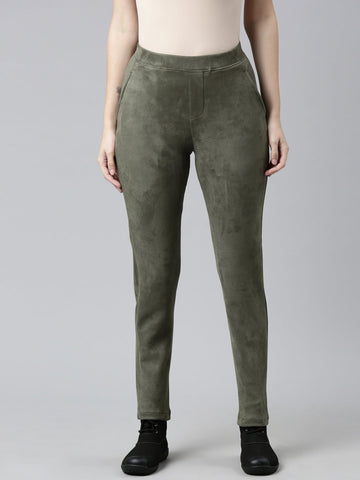 Women Solid Olive Green Mid Rise Suede Treggings