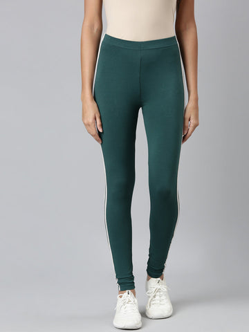 Women Green Cotton Side Stripe Active Leggings