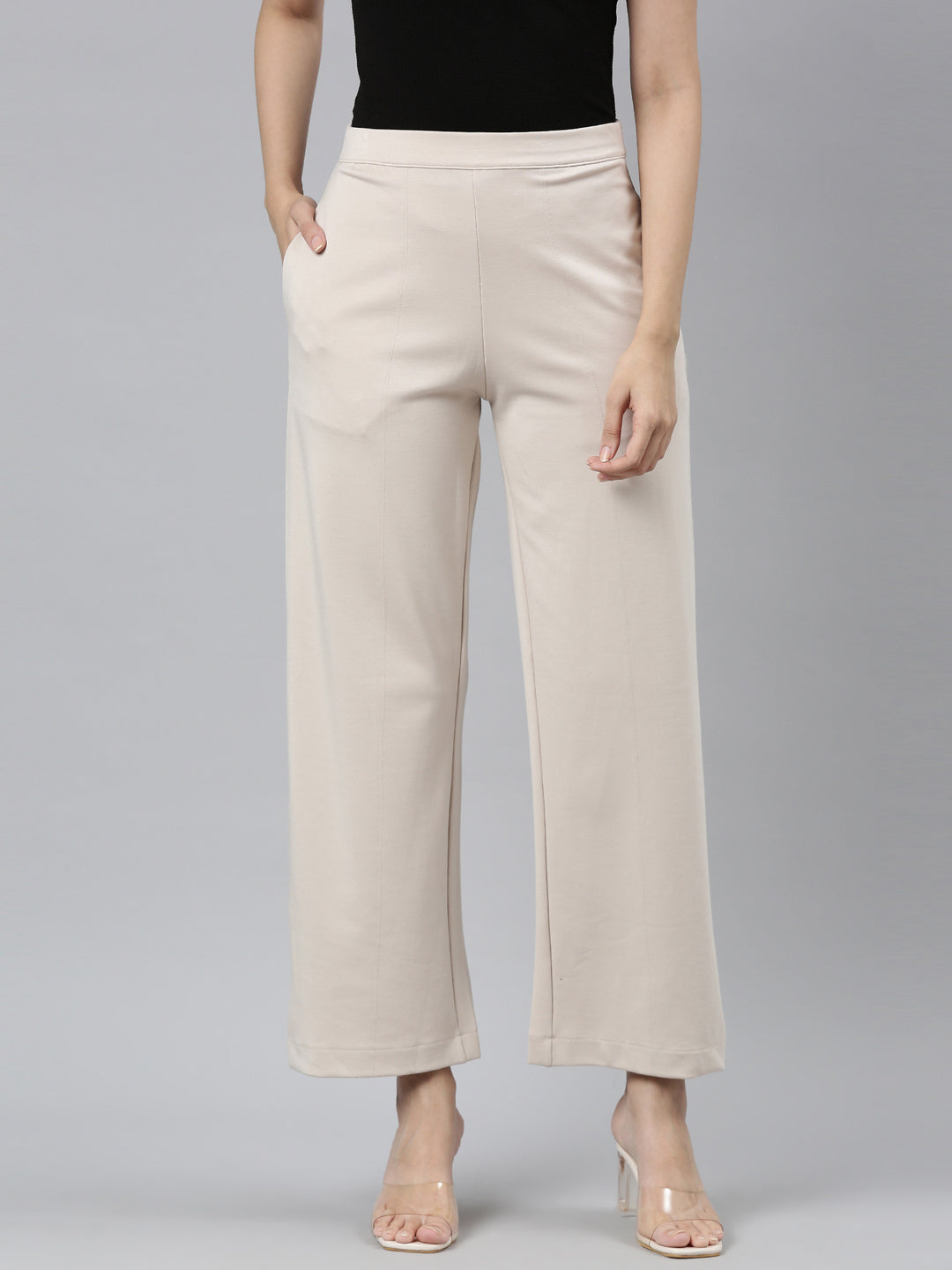 Women Solid Light Beige Ponte Wide Leg Pants