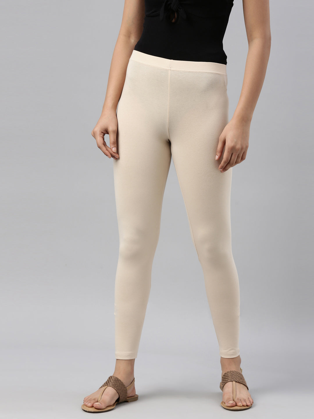 Light Beige Cotton Stretch Ankle Length Leggings