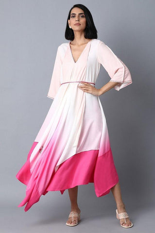 Pink and Ecru Color Blocked Asymetric Dress