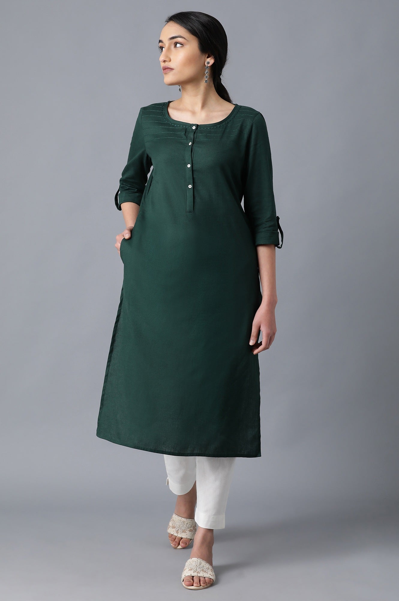 Green Round Neck Solid kurta